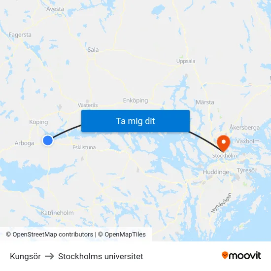Kungsör to Stockholms universitet map