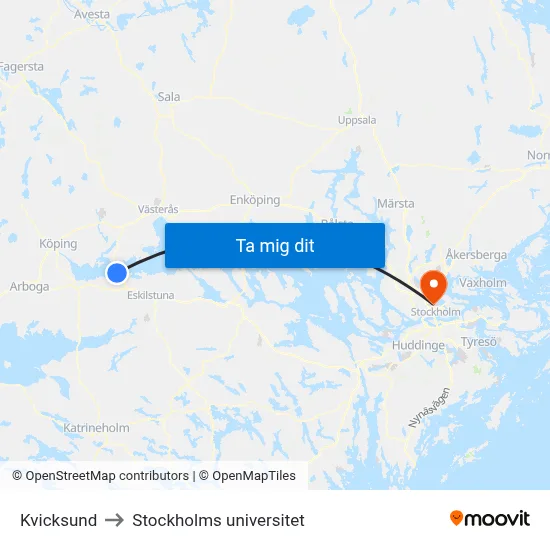 Kvicksund to Stockholms universitet map