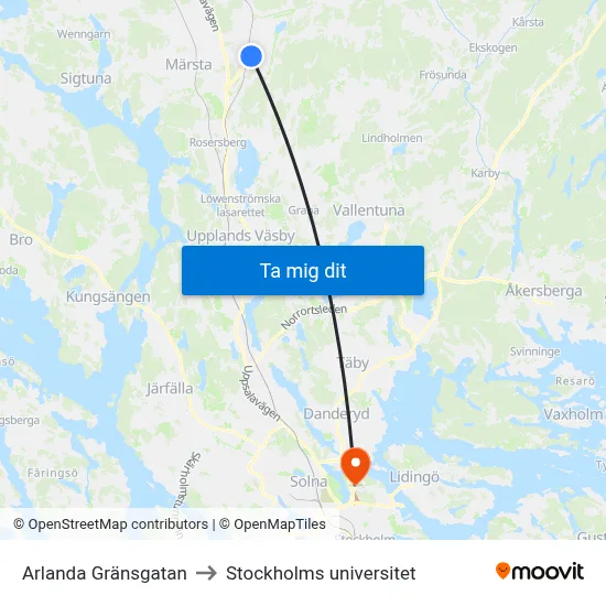 Arlanda Gränsgatan to Stockholms universitet map