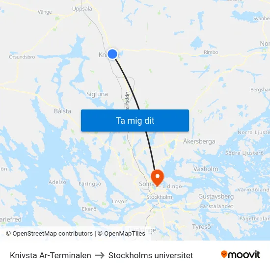 Knivsta Ar-Terminalen to Stockholms universitet map