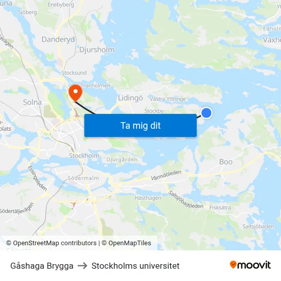 Gåshaga Brygga to Stockholms universitet map