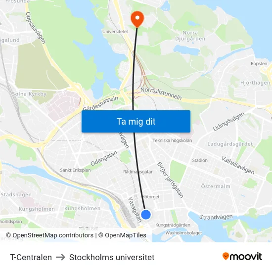 T-Centralen to Stockholms universitet map