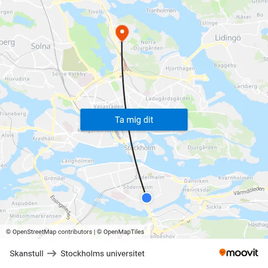Skanstull to Stockholms universitet map