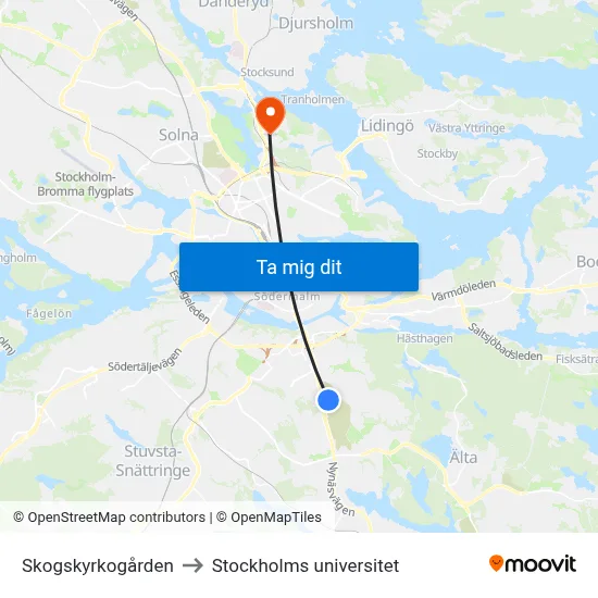 Skogskyrkogården to Stockholms universitet map