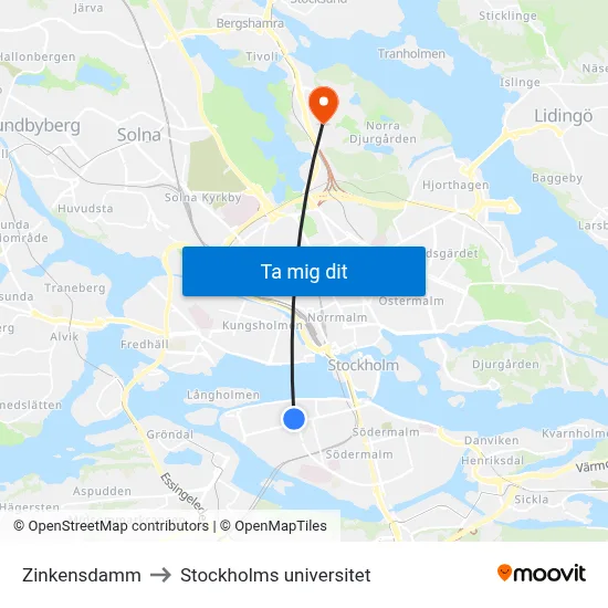 Zinkensdamm to Stockholms universitet map