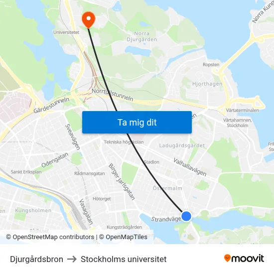 Djurgårdsbron to Stockholms universitet map