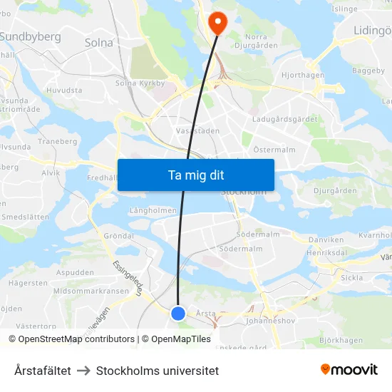 Årstafältet to Stockholms universitet map