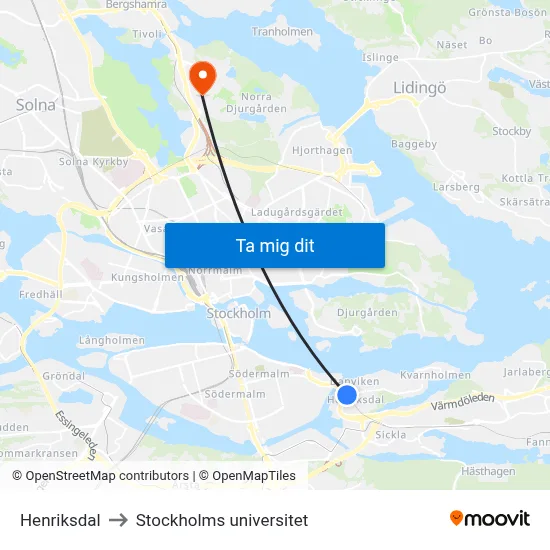 Henriksdal to Stockholms universitet map