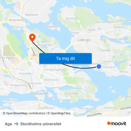 Aga to Stockholms universitet map