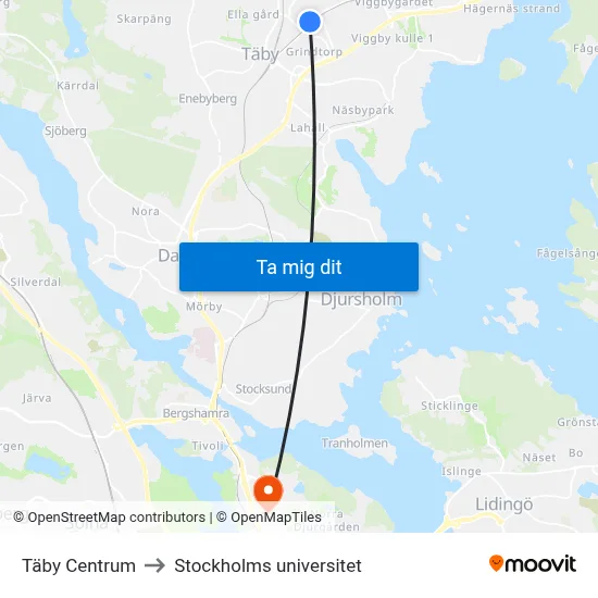 Täby Centrum to Stockholms universitet map