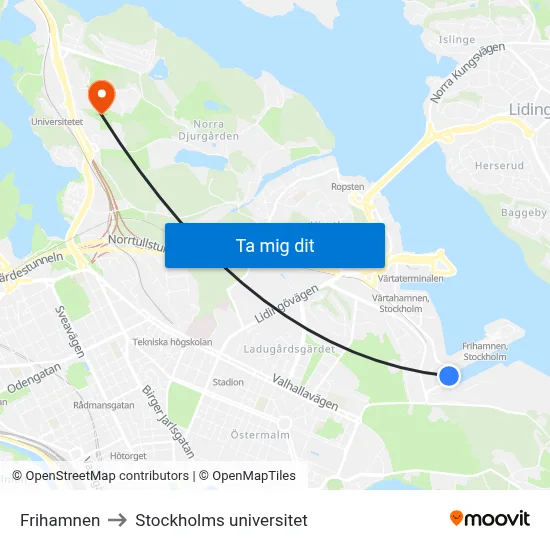 Frihamnen to Stockholms universitet map