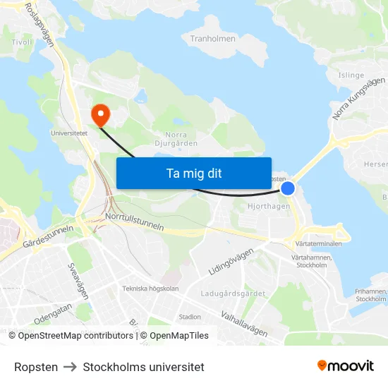 Ropsten to Stockholms universitet map