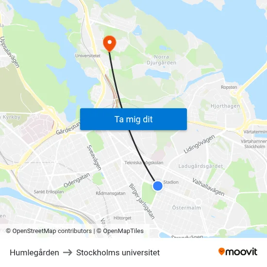 Humlegården to Stockholms universitet map