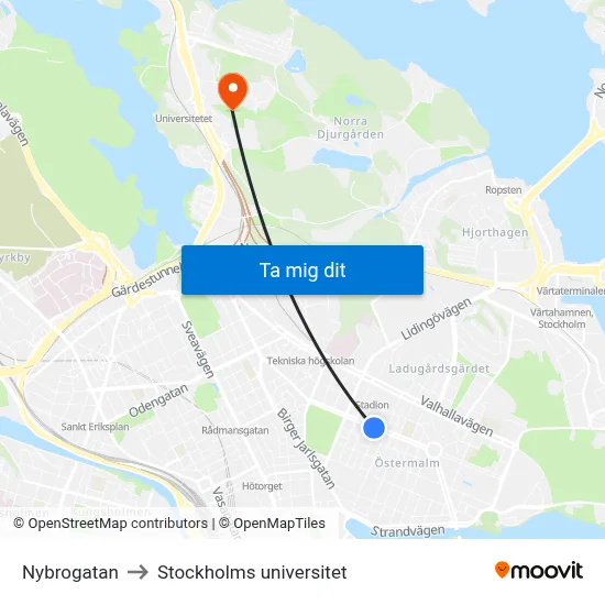 Nybrogatan to Stockholms universitet map