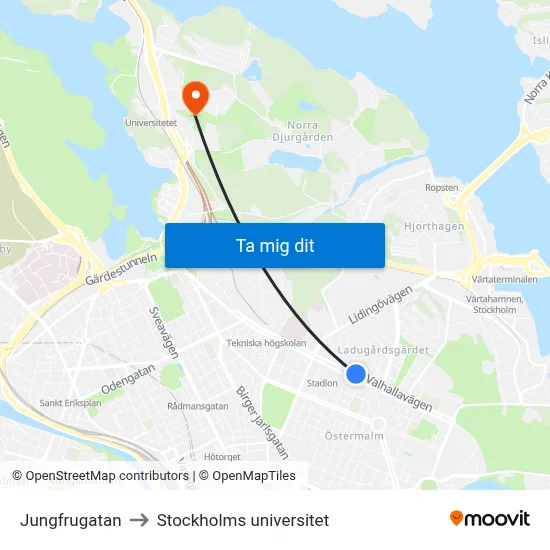 Jungfrugatan to Stockholms universitet map