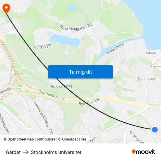 Gärdet to Stockholms universitet map