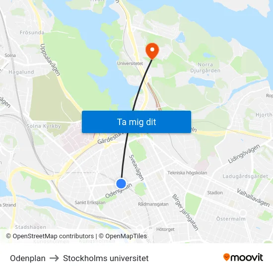 Odenplan to Stockholms universitet map