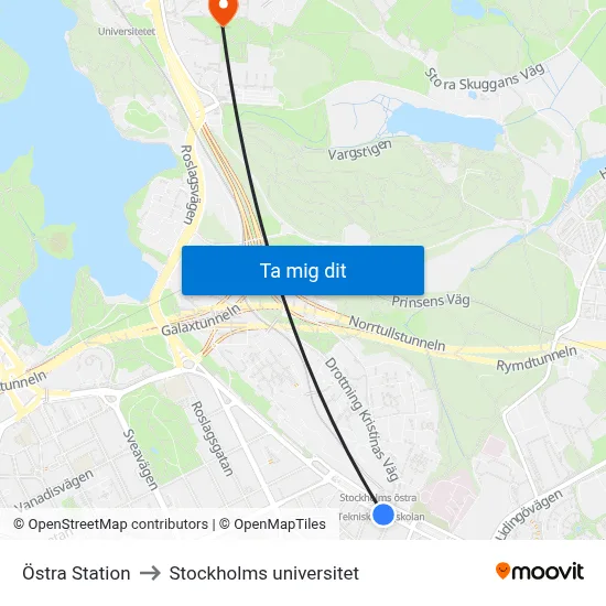 Östra Station to Stockholms universitet map
