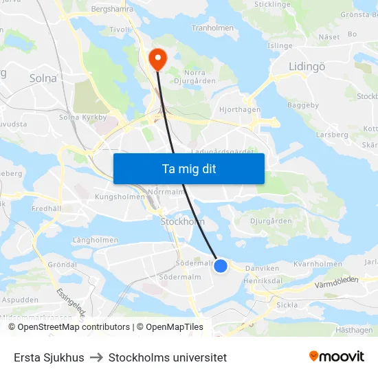 Ersta Sjukhus to Stockholms universitet map
