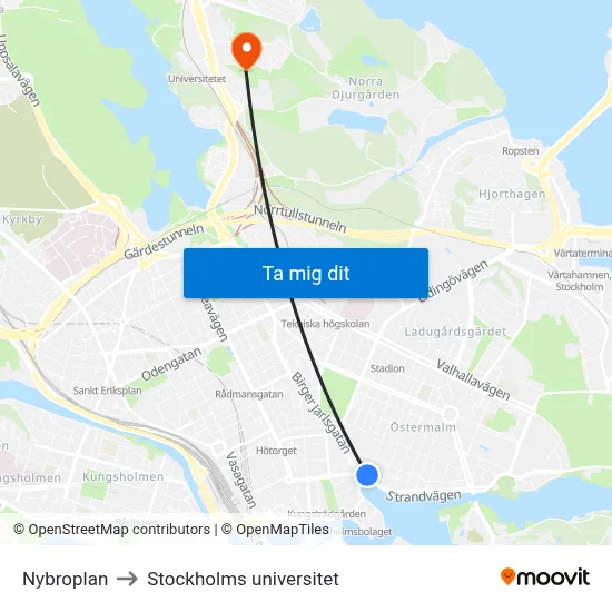 Nybroplan to Stockholms universitet map