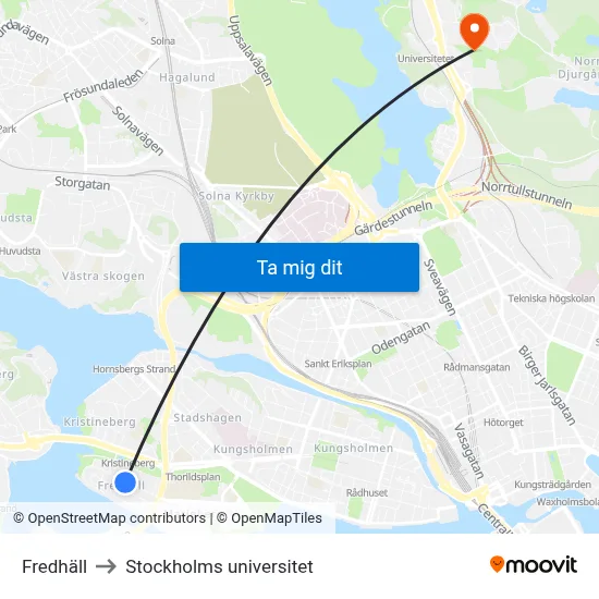 Fredhäll to Stockholms universitet map