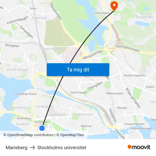 Marieberg to Stockholms universitet map
