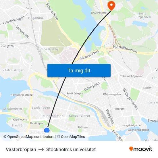 Västerbroplan to Stockholms universitet map