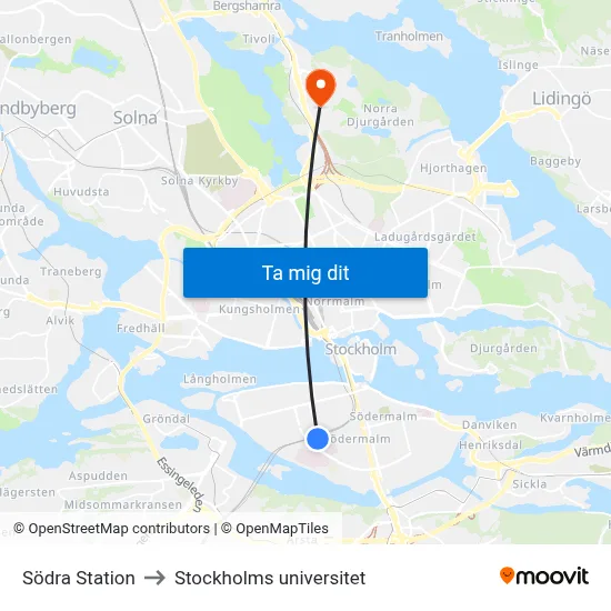 Södra Station to Stockholms universitet map