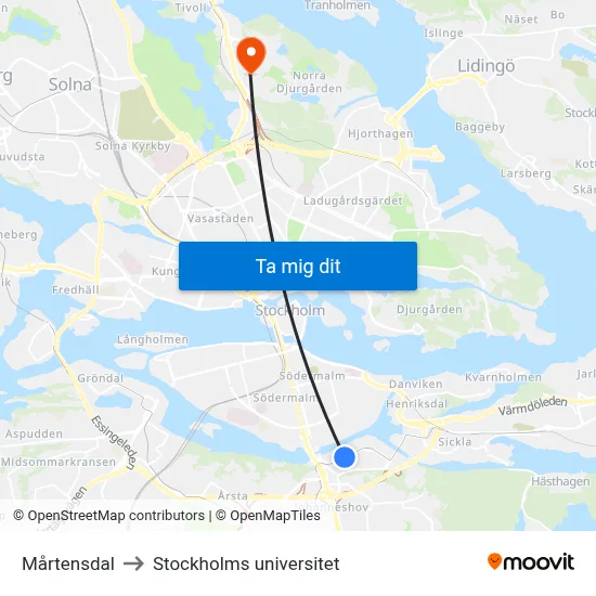 Mårtensdal to Stockholms universitet map