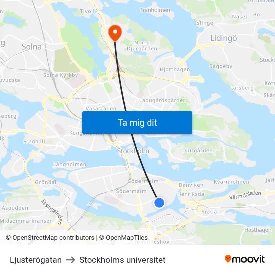 Ljusterögatan to Stockholms universitet map