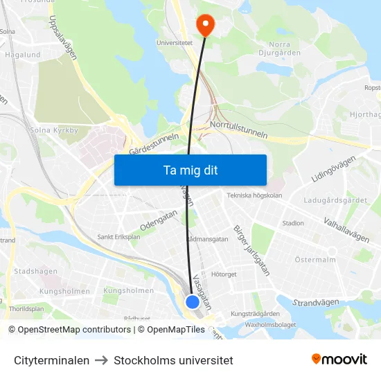 Cityterminalen to Stockholms universitet map