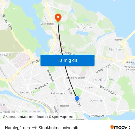 Humlegården to Stockholms universitet map