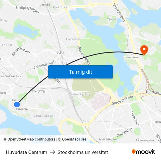 Huvudsta Centrum to Stockholms universitet map