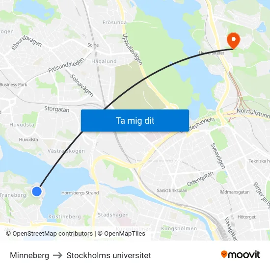 Minneberg to Stockholms universitet map