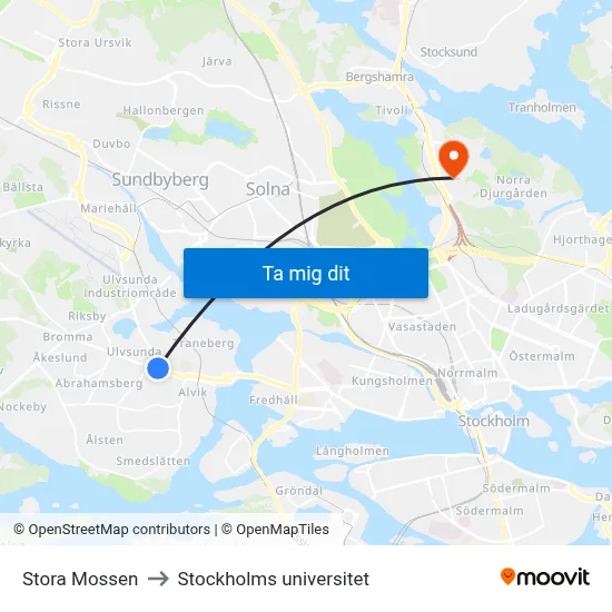 Stora Mossen to Stockholms universitet map