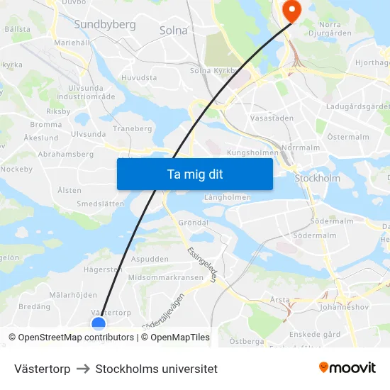 Västertorp to Stockholms universitet map