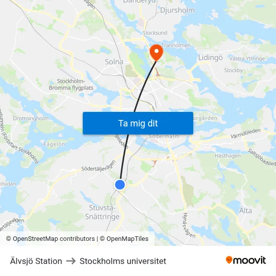 Älvsjö Station to Stockholms universitet map
