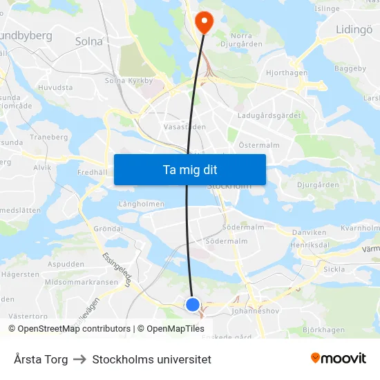 Årsta Torg to Stockholms universitet map
