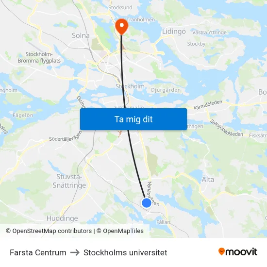 Farsta Centrum to Stockholms universitet map