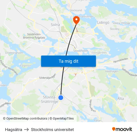 Hagsätra to Stockholms universitet map