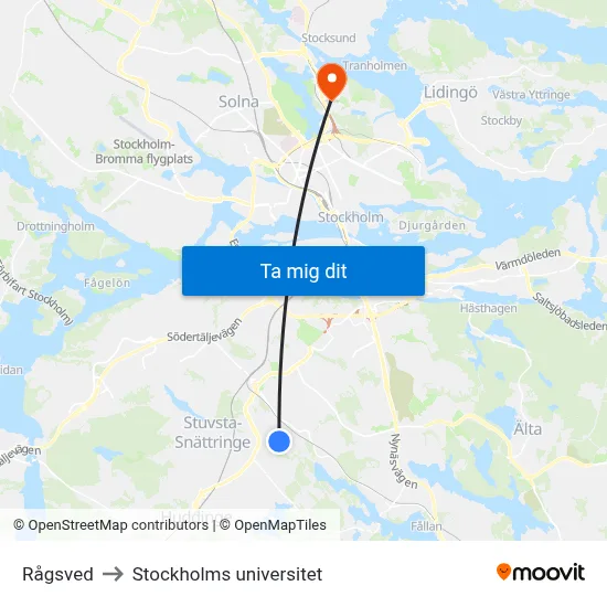 Rågsved to Stockholms universitet map