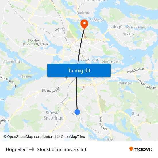 Högdalen to Stockholms universitet map