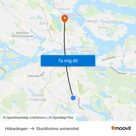 Hökarängen to Stockholms universitet map