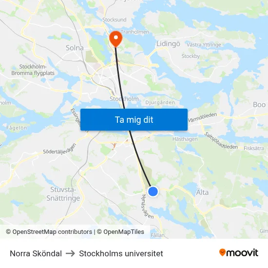 Norra Sköndal to Stockholms universitet map