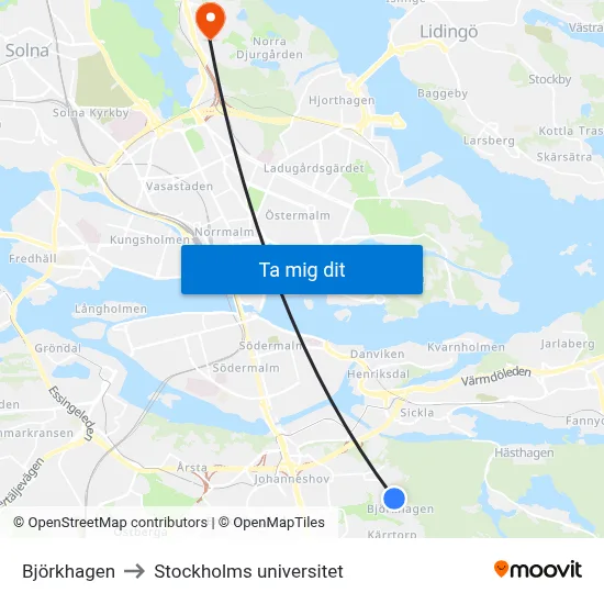 Björkhagen to Stockholms universitet map