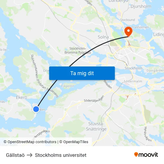 Gällstaö to Stockholms universitet map
