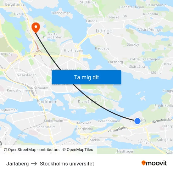 Jarlaberg to Stockholms universitet map