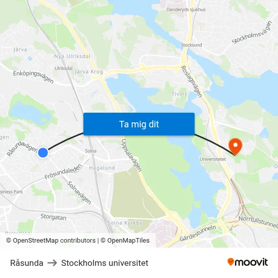 Råsunda to Stockholms universitet map
