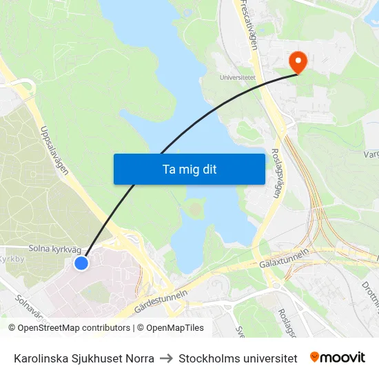 Karolinska Sjukhuset Norra to Stockholms universitet map