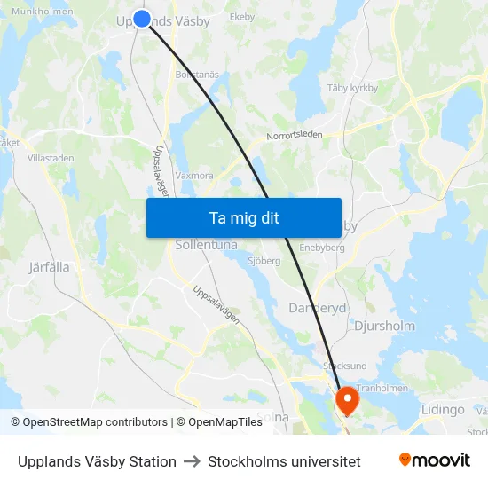 Upplands Väsby Station to Stockholms universitet map